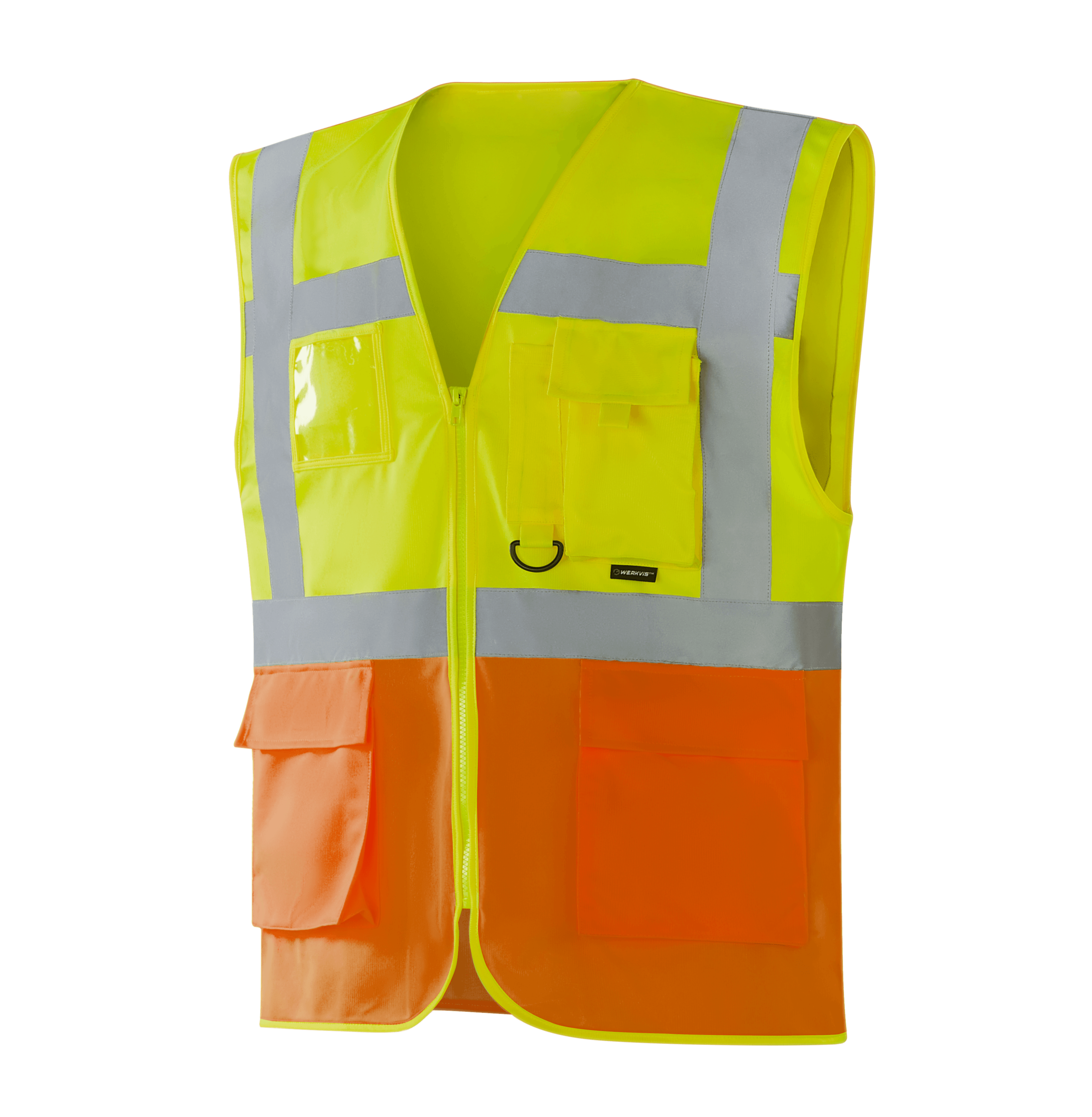 WV204 MALLORCA hi-vis yellow-orange vest with pockets, pen holder, D-ring, transparent ID pocket, large lower flap pockets